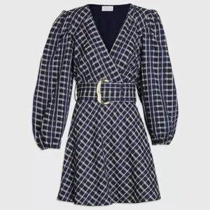 NICOLA PUFF-SLEEVE BELTED CHECK MINI DRESS IN MARITIME BLUE